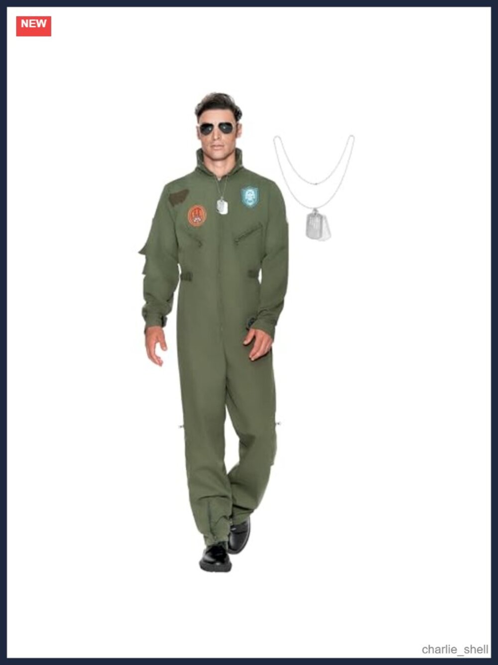 Men's Fighter Pilot Jumpsuit Costume with Sunglasses & Dog Tags